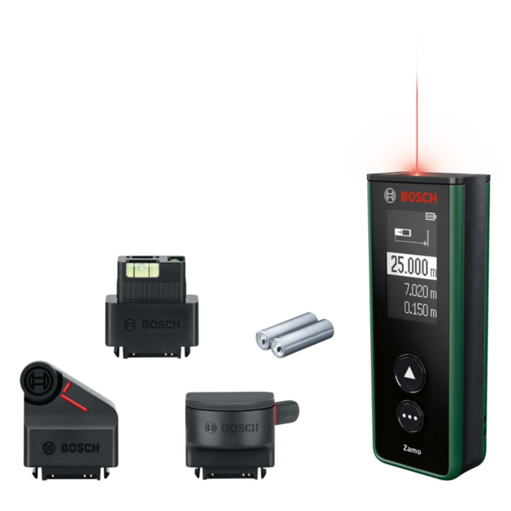 Télémètre laser Zamo + 3 adaptateurs (mètre ruban, roulette et laser ligne) - BOSCH