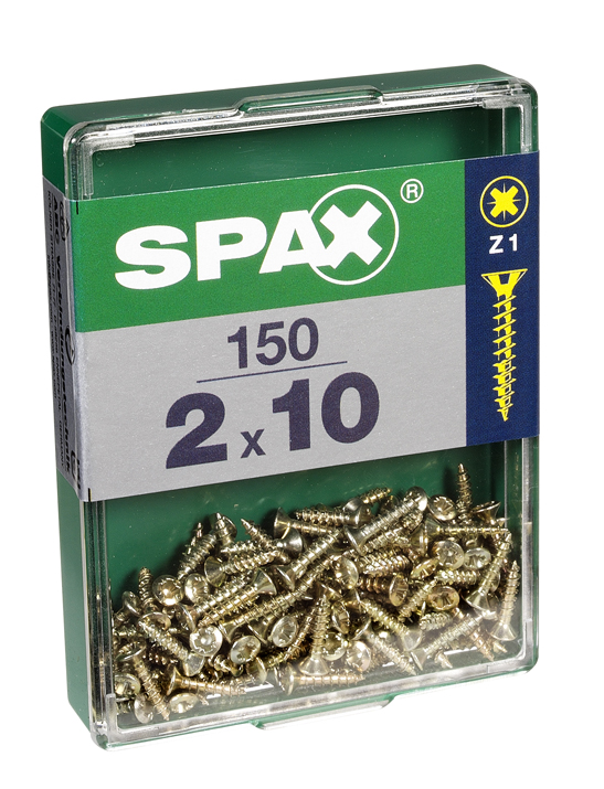 150 Vis 2x10mm Tête Fraisée Empreinte Pozi1 Jaune - SPAX 