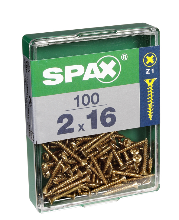 100 Vis 2x16mm Tête Fraisée Empreinte Pozi1 Jaune - SPAX 