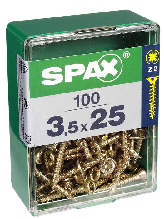 100 vis 3,5x25 tête fraisée empreinte PZ2 jaune SPAX 