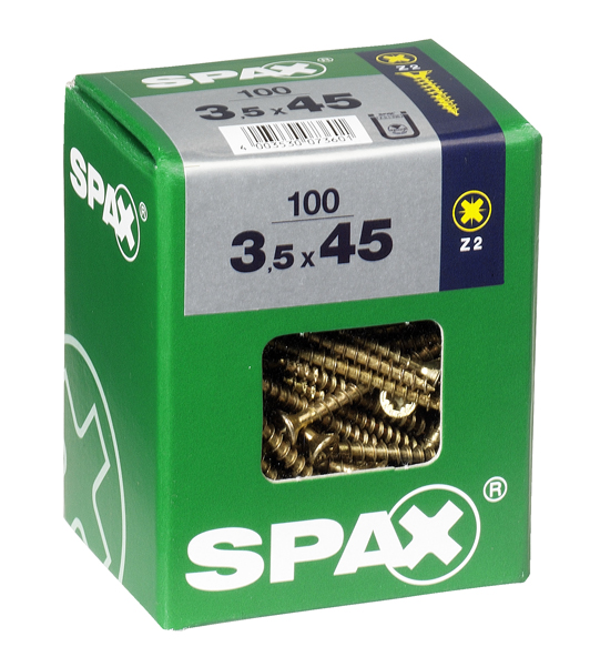 100 vis 3,5x45 tête fraisée empreinte PZ2 jaune SPAX 