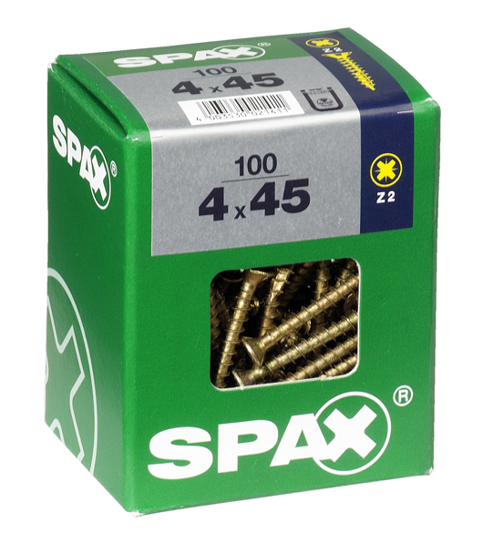 100 vis 4x45 tête fraisée empreinte PZ2 jaune SPAX 