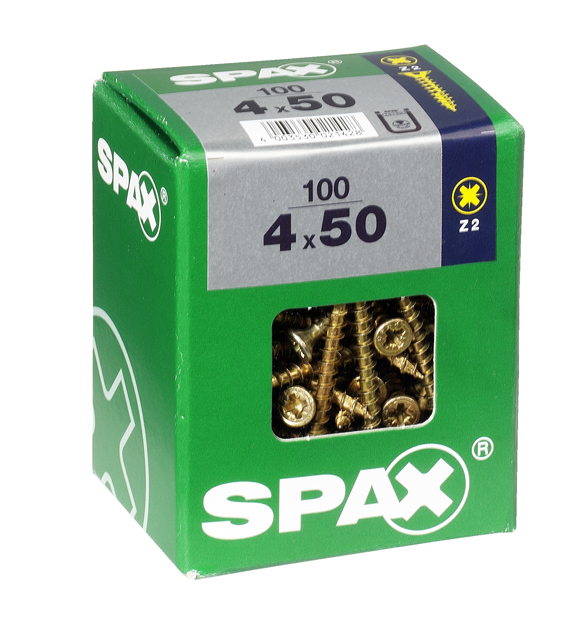 100 vis 4x50 tête fraisée empreinte PZ2 jaune SPAX 