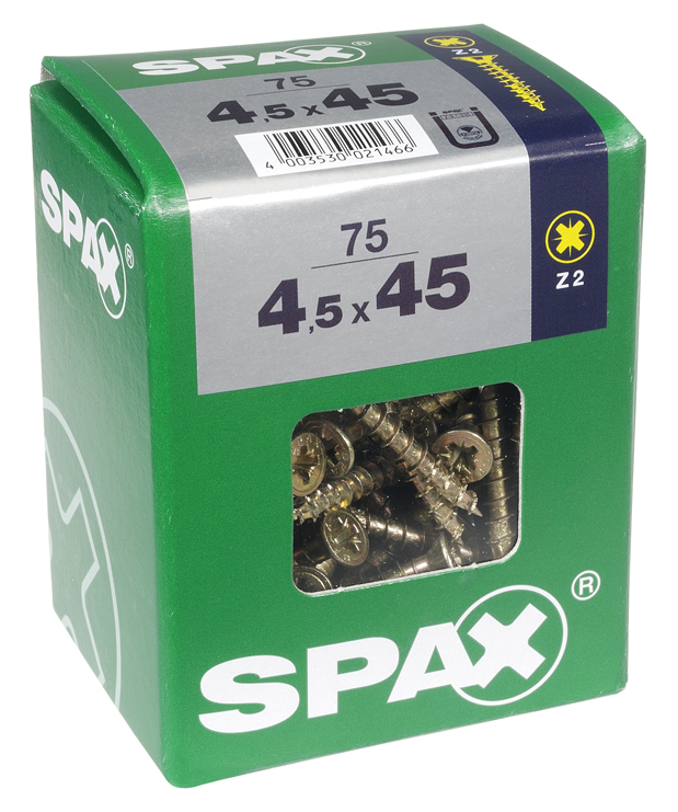 75 vis 4,5x45 tête fraisée empreinte PZ2 jaune SPAX 