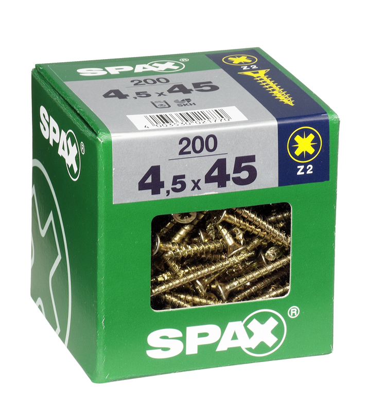 200 vis 4,5x45 tête fraisée empreinte PZ2 jaune SPAX 