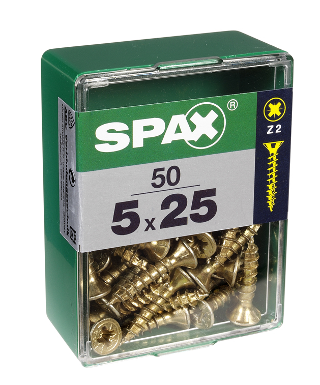 50 vis 5x25 tête fraisée empreinte PZ2 jaune SPAX 