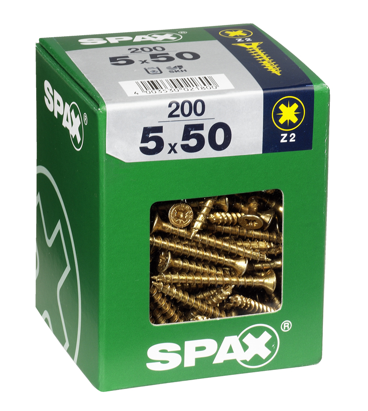 200 vis 5x50 tête fraisée empreinte PZ2 jaune SPAX 