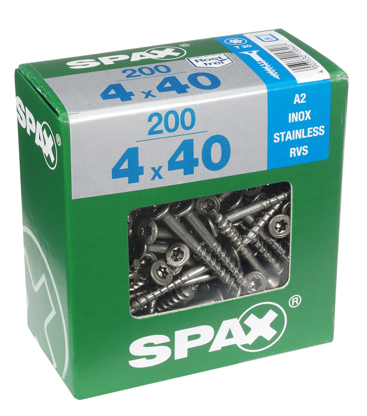 200 vis 4x40 tête fraisée empreinte t-star+ T20 inoxA2 SPAX