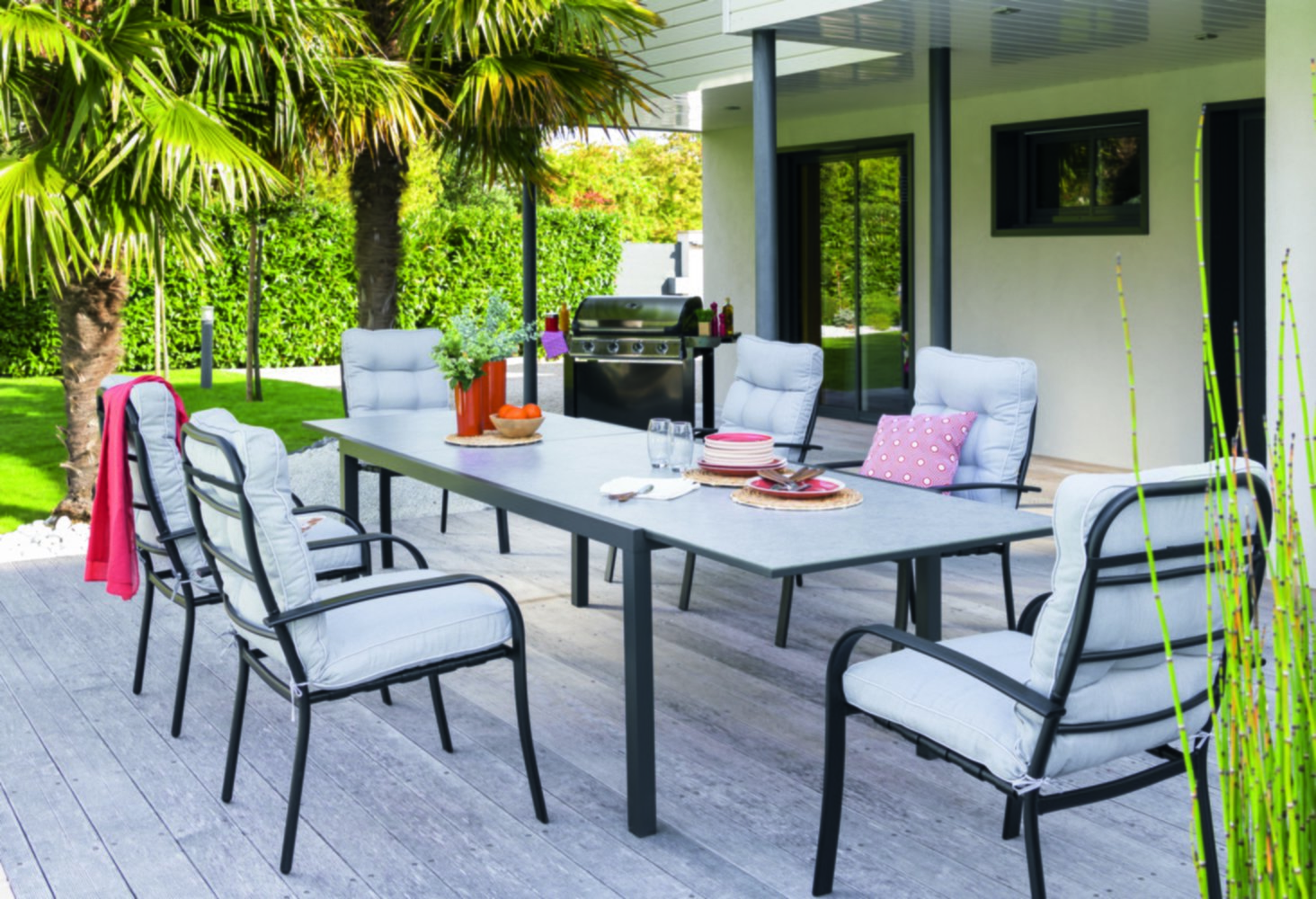 Table de jardin Alu/Verre Marbréa 200/300x104x75cm Gris anthracite