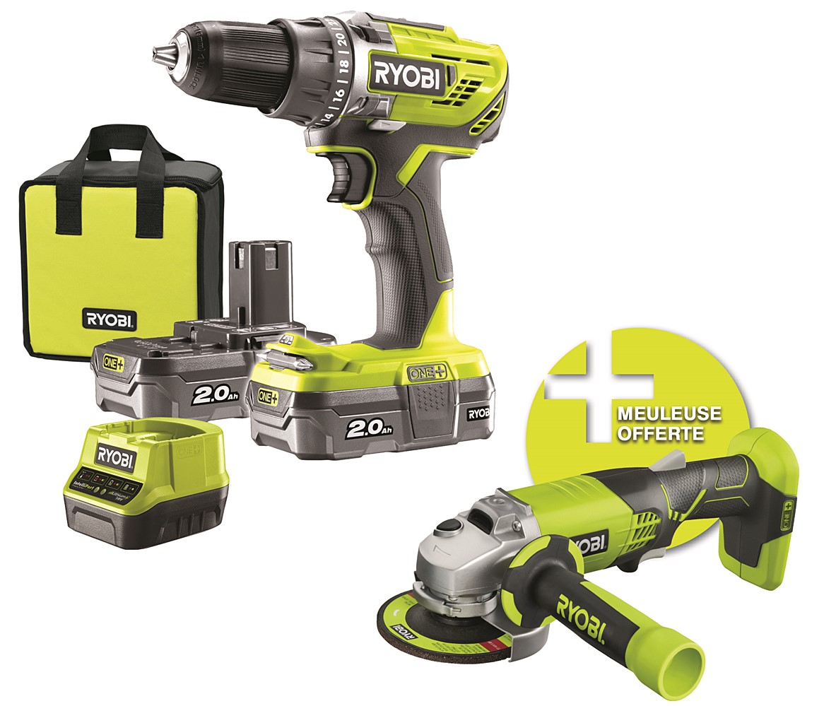 Perceuse sans fil 18V R18DDAG-220 + 1 meuleuse d'angle offerte RYOBI