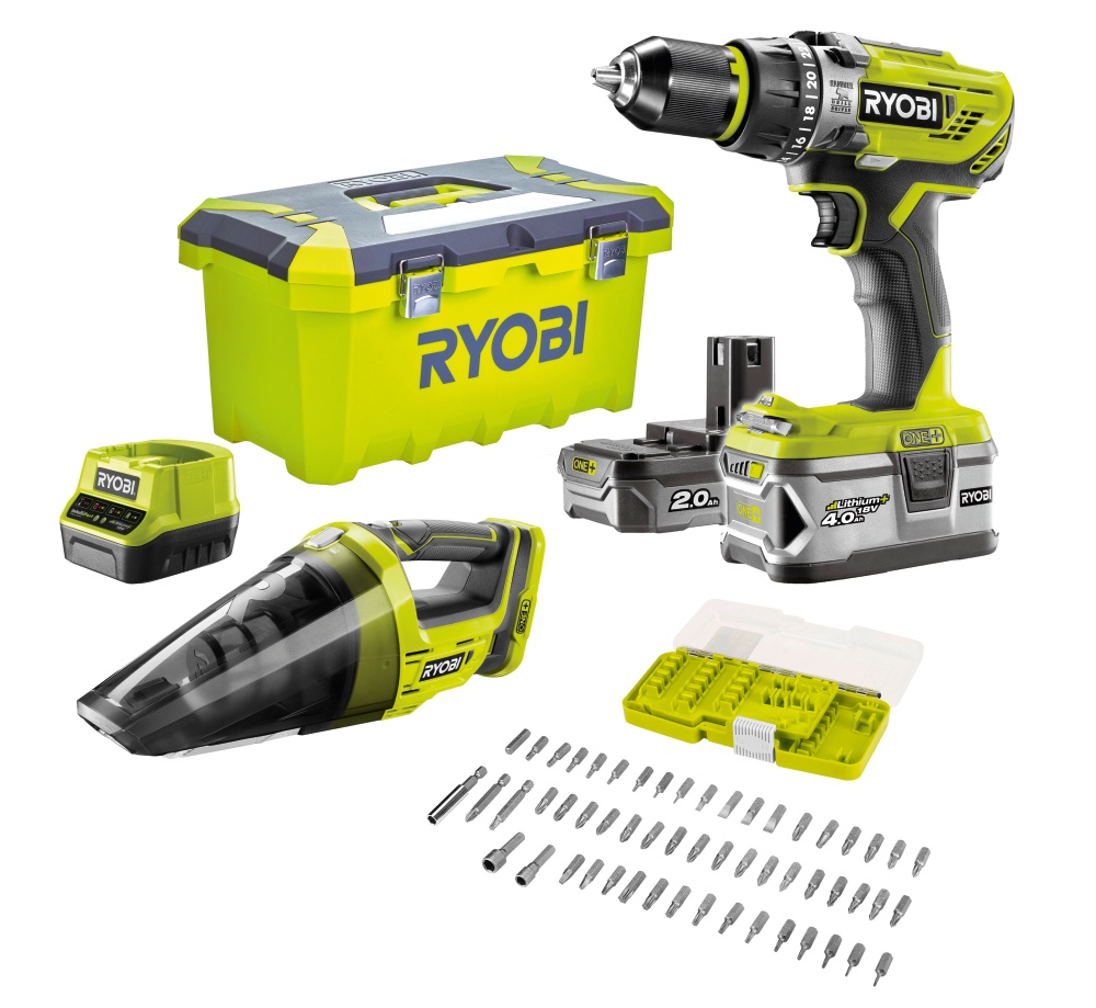 Perceuse à percussion RYOBI 18V 4Ah + 2Ah + aspirateur + coffret 55 accessoires