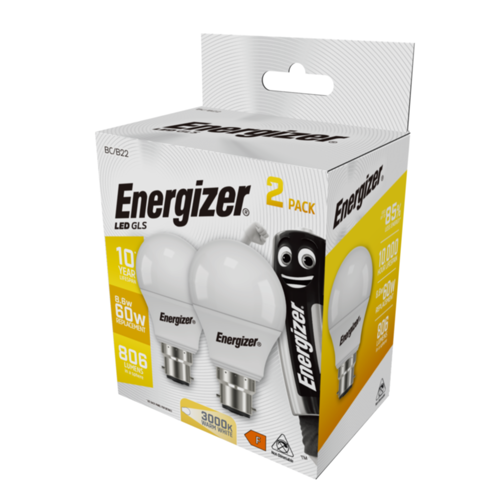 2 Ampoules LED Standard B22 8,2W 60W 806lm 3000K - ENERGIZER