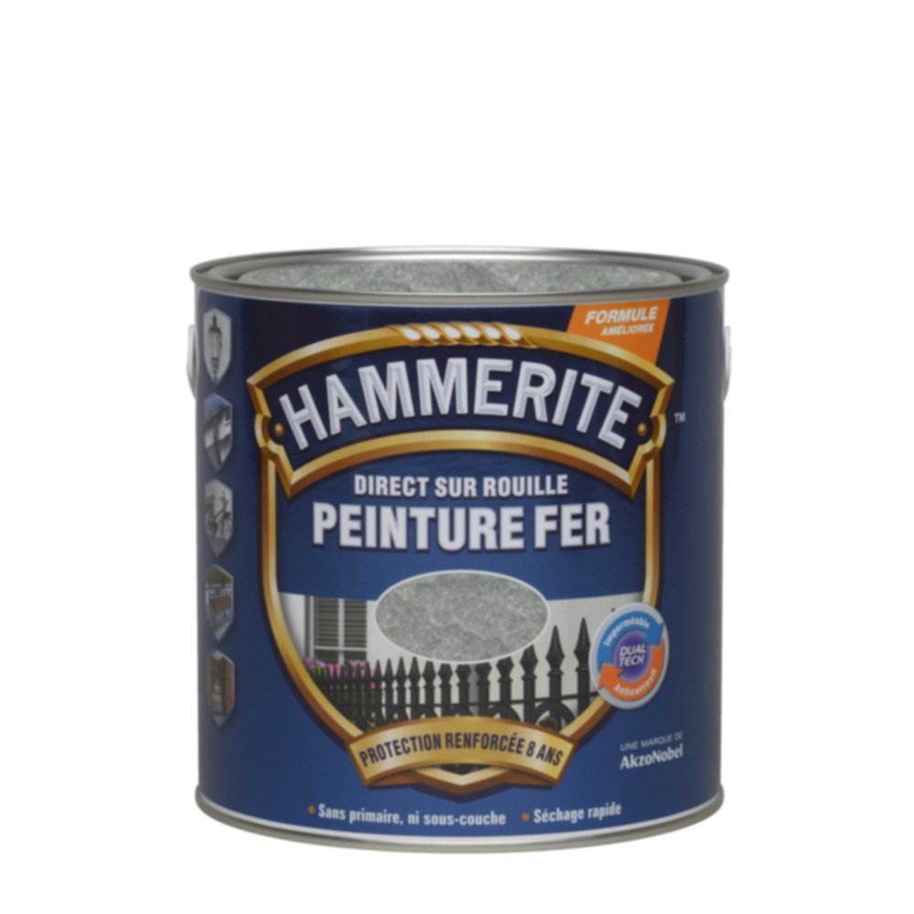 Peinture Métal Direct Sur Rouille Effet Martelé Gris Argent 0,25L - HAMMERITE