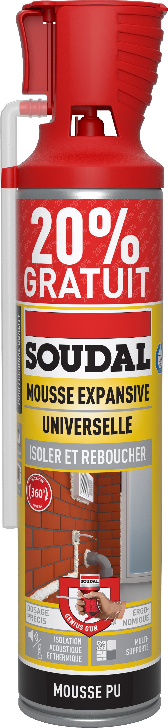 Mousse expansive Isoler et Reboucher 360° avec pistolet 500ml+100ml - SOUDAL