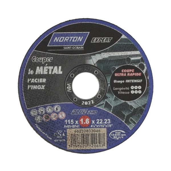 Disques de tronçonnage ultra fin Métal/Inox 115x1,6x22,2mm - NORTON