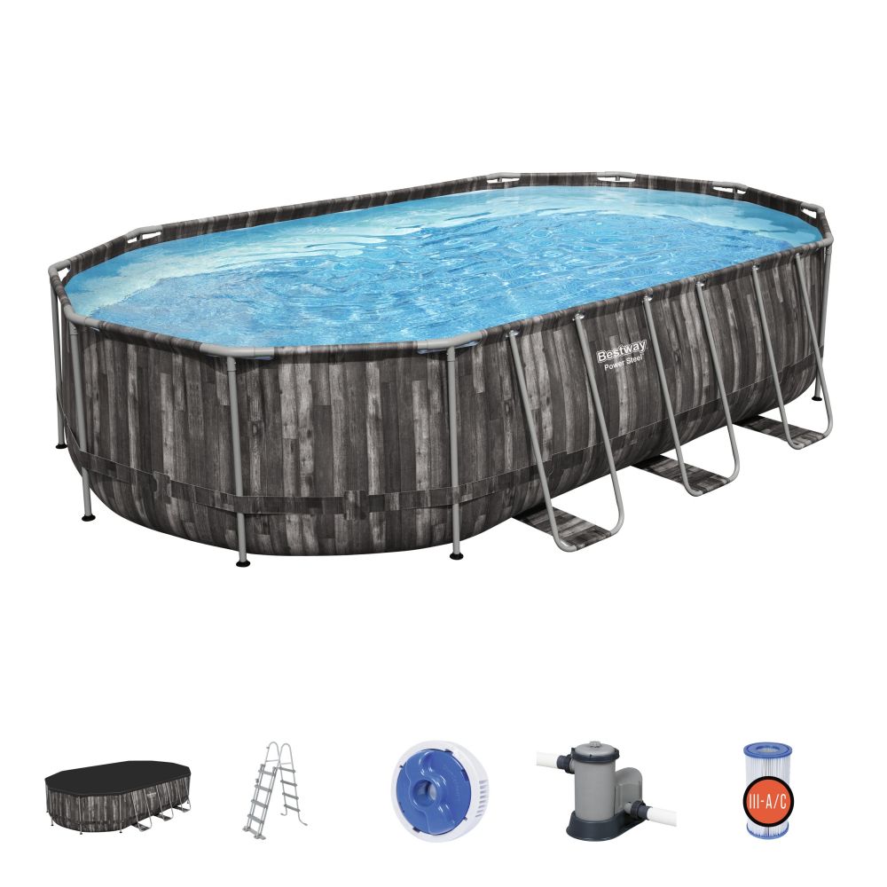 Piscine tubulaire Power Steel 6,1x3,66x1,22m décor bois - BESTWAY