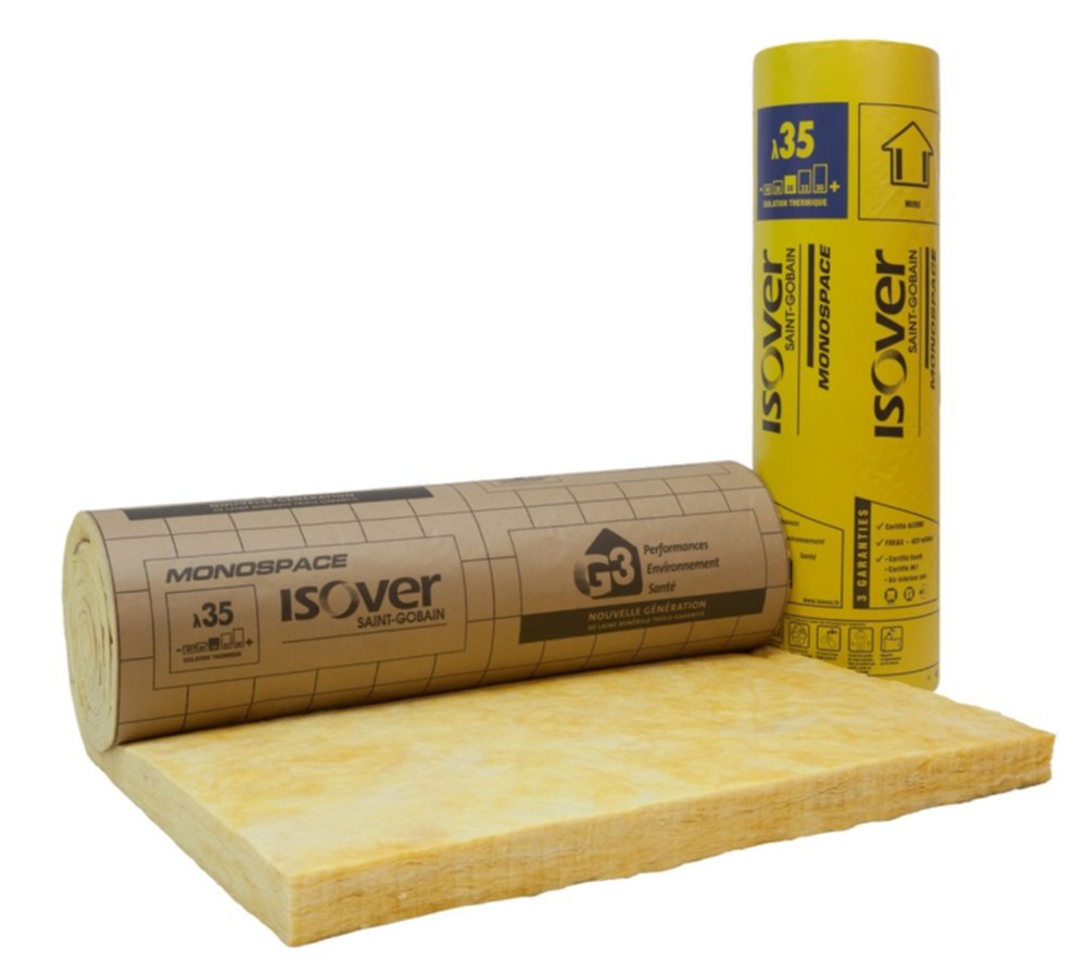 Rouleau de laine de verre Monospace 35 Kraft Ep.75mm 1,2x8,1m R=2,10 - ISOVER