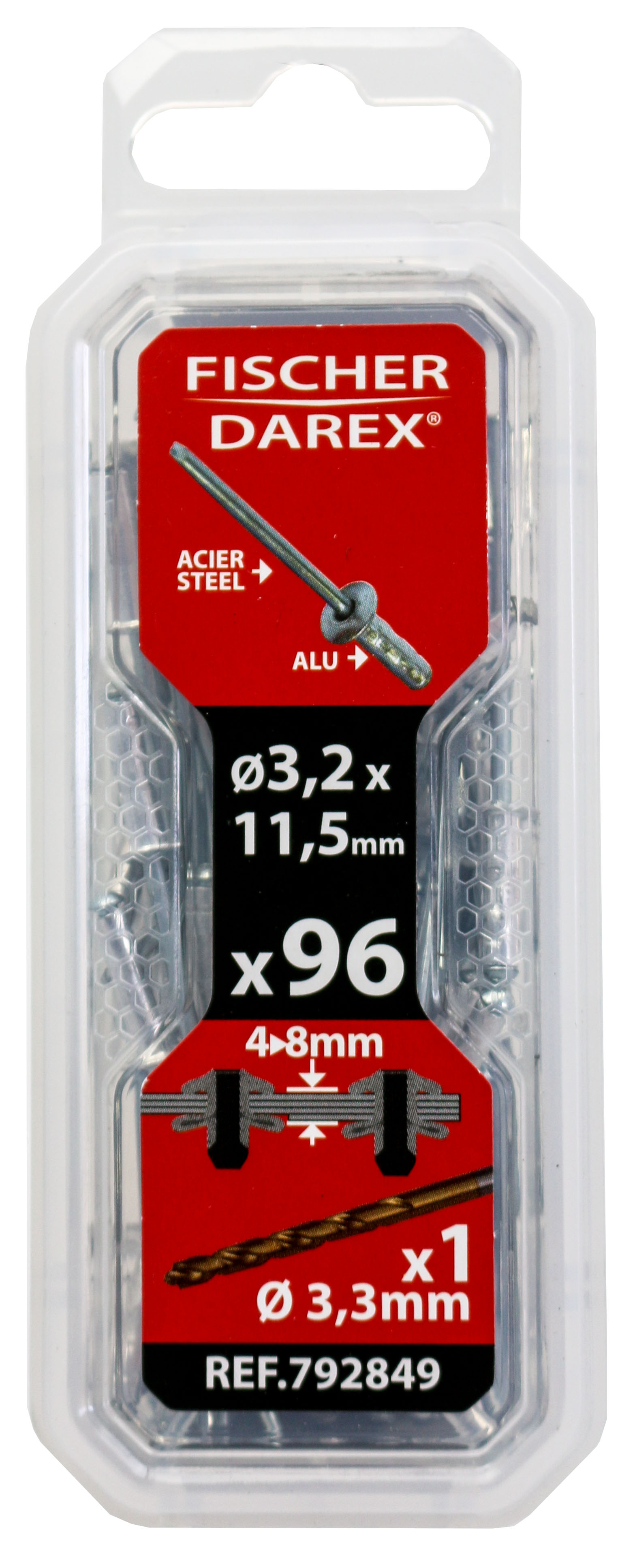 rivets aveugle 3.2x11.5 96 pcs alu acier tete plate - FISCHER DAREX