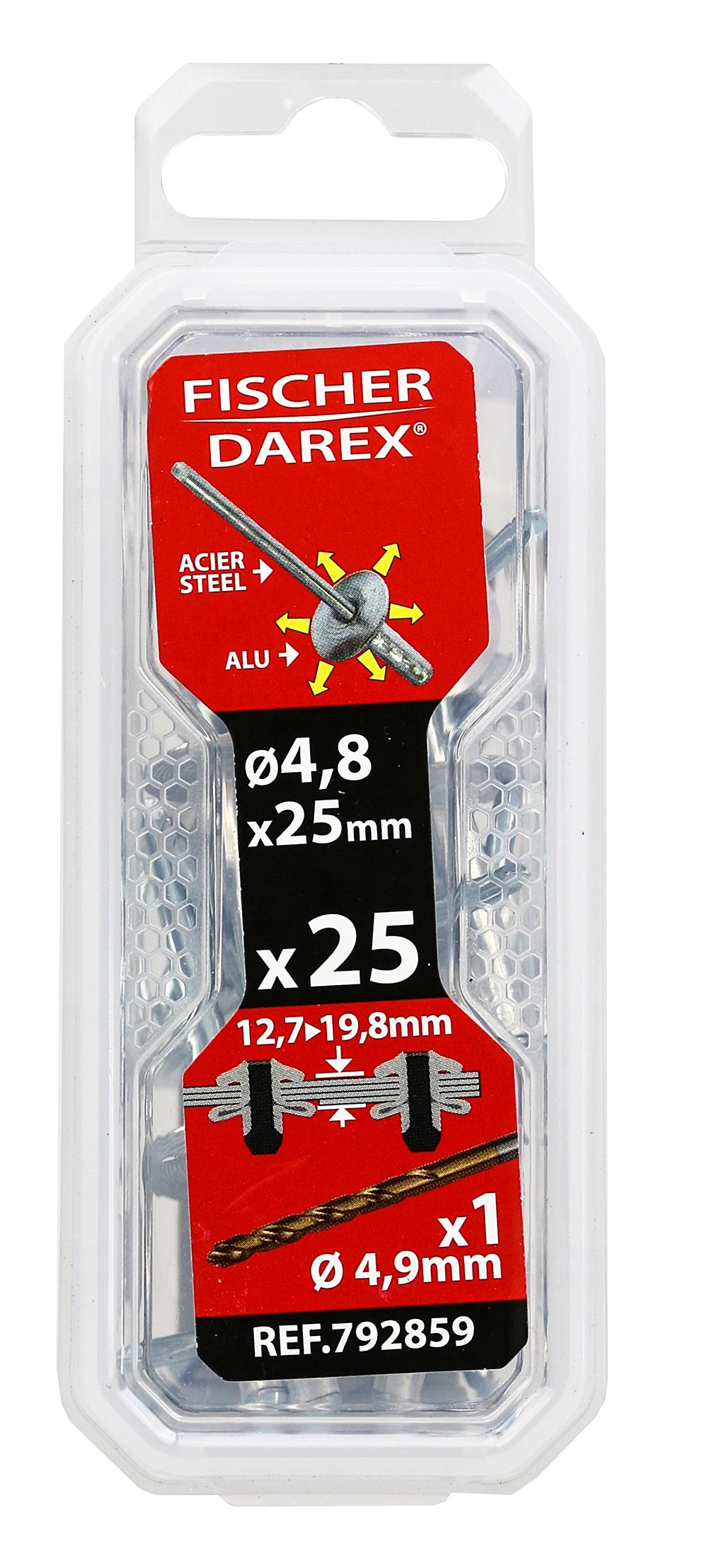 rivets aveugle 4.8x25 x 25 pcs alu acier tête large - FISCHER DAREX