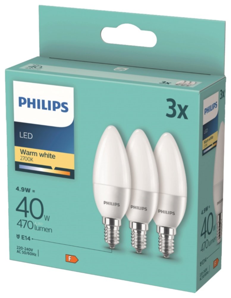 3 Ampoules SMD Flamme E14 470lm 40W Blanc chaud - PHILIPS