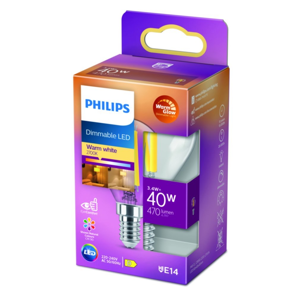 Ampoule filament sphérique E14 dimmable transparent 40W blanc chaud - PHILIPS