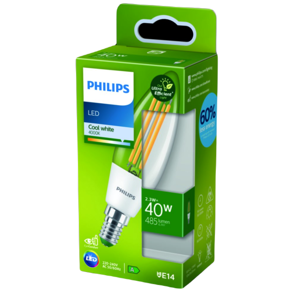 Ampoule filament E14 flamme transparent 40W blanc froid - PHILIPS