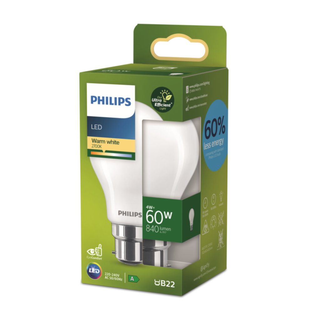 Ampoule LED standard B22 Ultra Efficient 60W Blanc Chaud Dépolie Non-Dimmable - PHILIPS