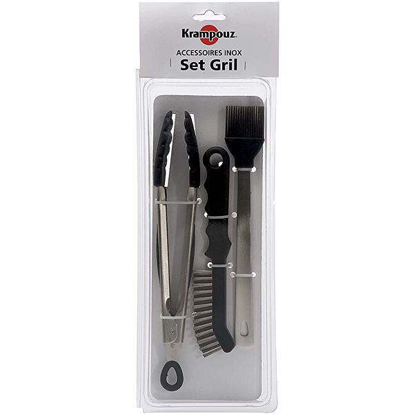 3 Ustensiles Pince Pinceau et Brosse métal pour grill et barbecue 