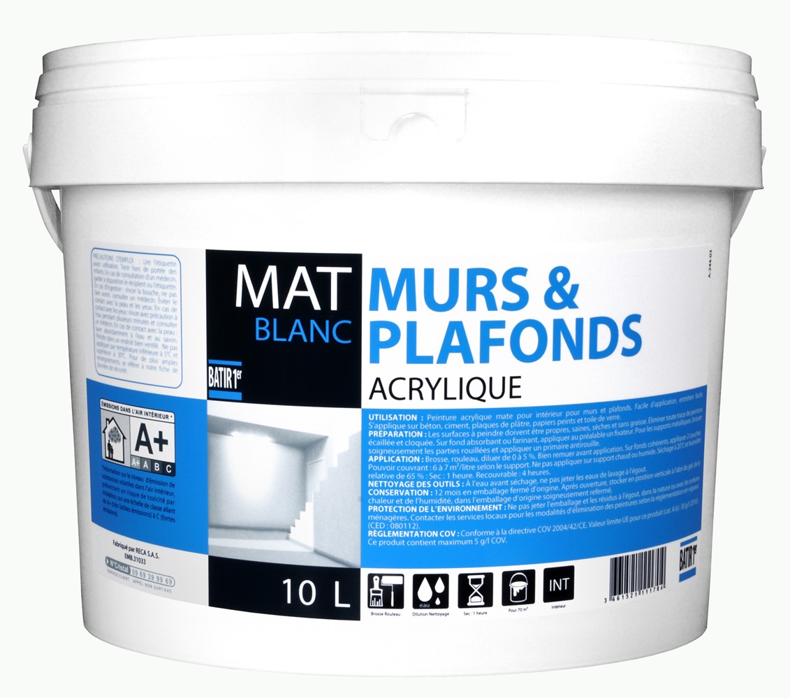 Peinture murs et plafonds mat acrylique 10L - BATIR 1ER