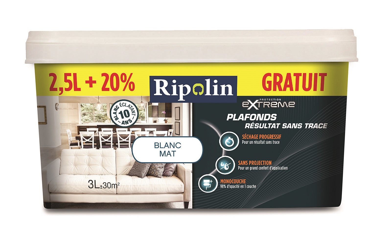 PEINTURE PLAFOND extrême SANS TRACE 2,5L+ 20% - RIPOLIN