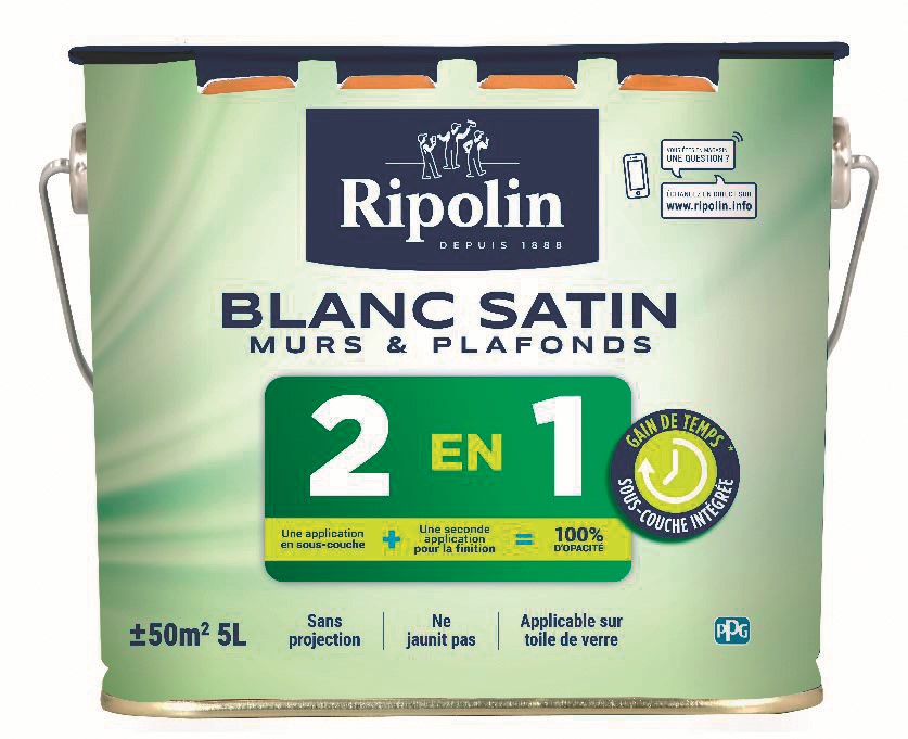 Peinture acrylique Murs&Plafonds 2en1 blanc satin 5L - RIPOLIN