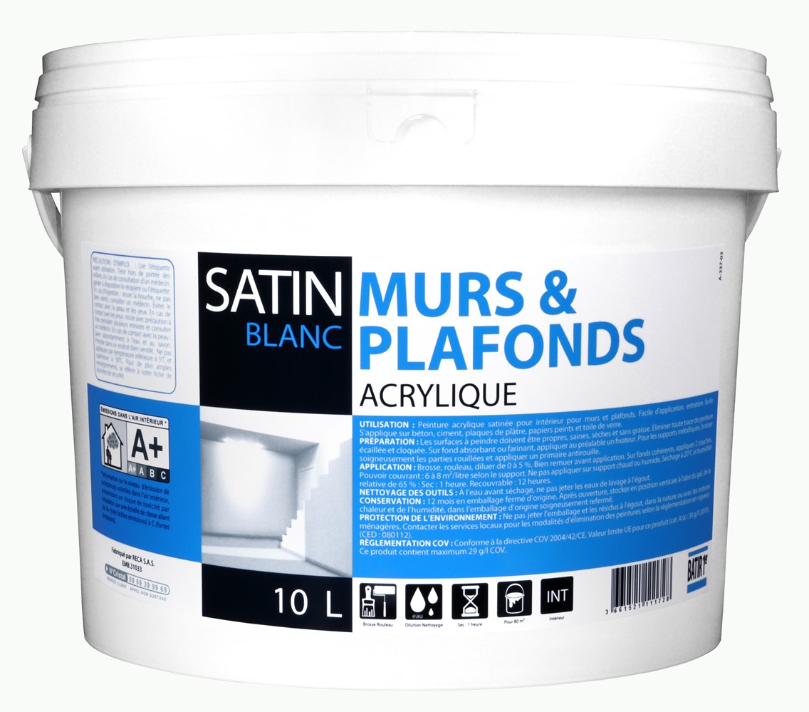 Peinture murs et plafonds satin acrylique 10L - BATIR 1ER