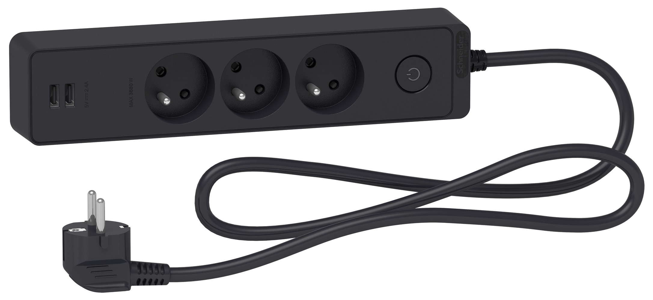 Multiprise 3 Prises 2P+T 2 USB 1,5m Anthracite