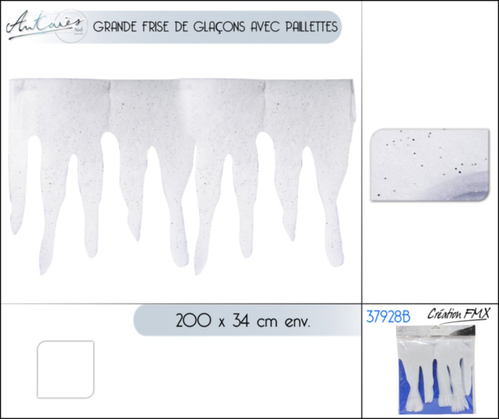 Frise de Glaçons Noël Blanche avec Paillettes Argentées 200x34cm