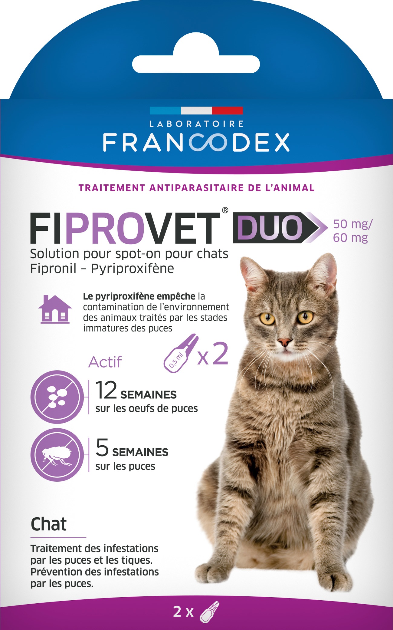 FIPROVET DUO 50 MG/60 MG - SOLUTION POUR SPOT-ON CHAT X2