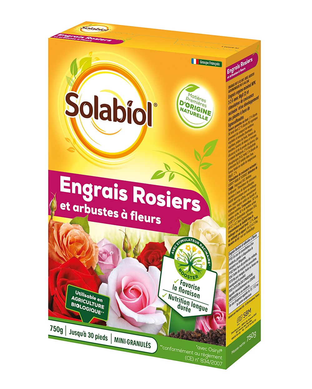 Engrais rosiers et arbustes à fleurs 750gr - SOLABIOL