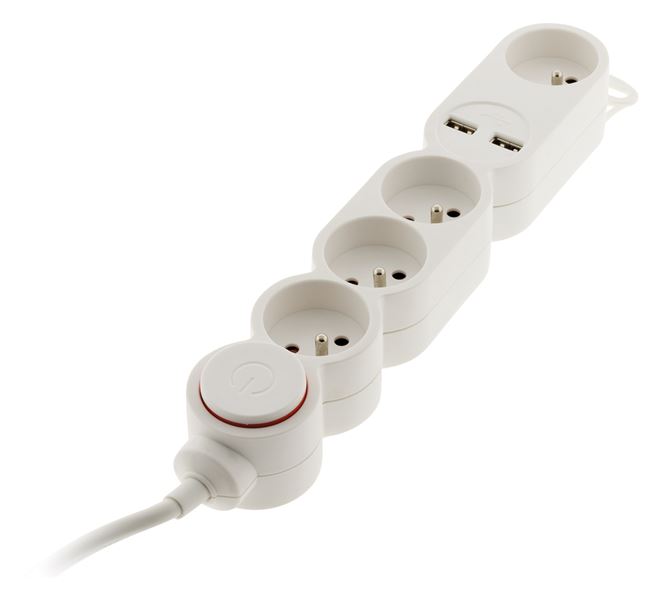 Multiprise 4 prises 16a 2P+T + interrupteur blanc cable ho5vvf 3g1 1,5m + 2xUSB 2,1a equipe d'une fiche extraplate