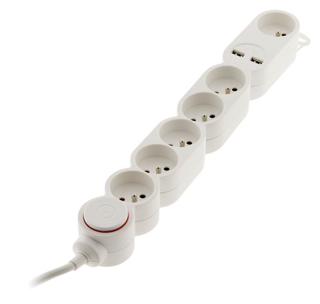 Multiprise 6 prises 16a 2P+T + interrupteur blanc cable ho5vvf 3g1 1,5m + 2xUSB 2,1a equipe d'une fiche extraplate