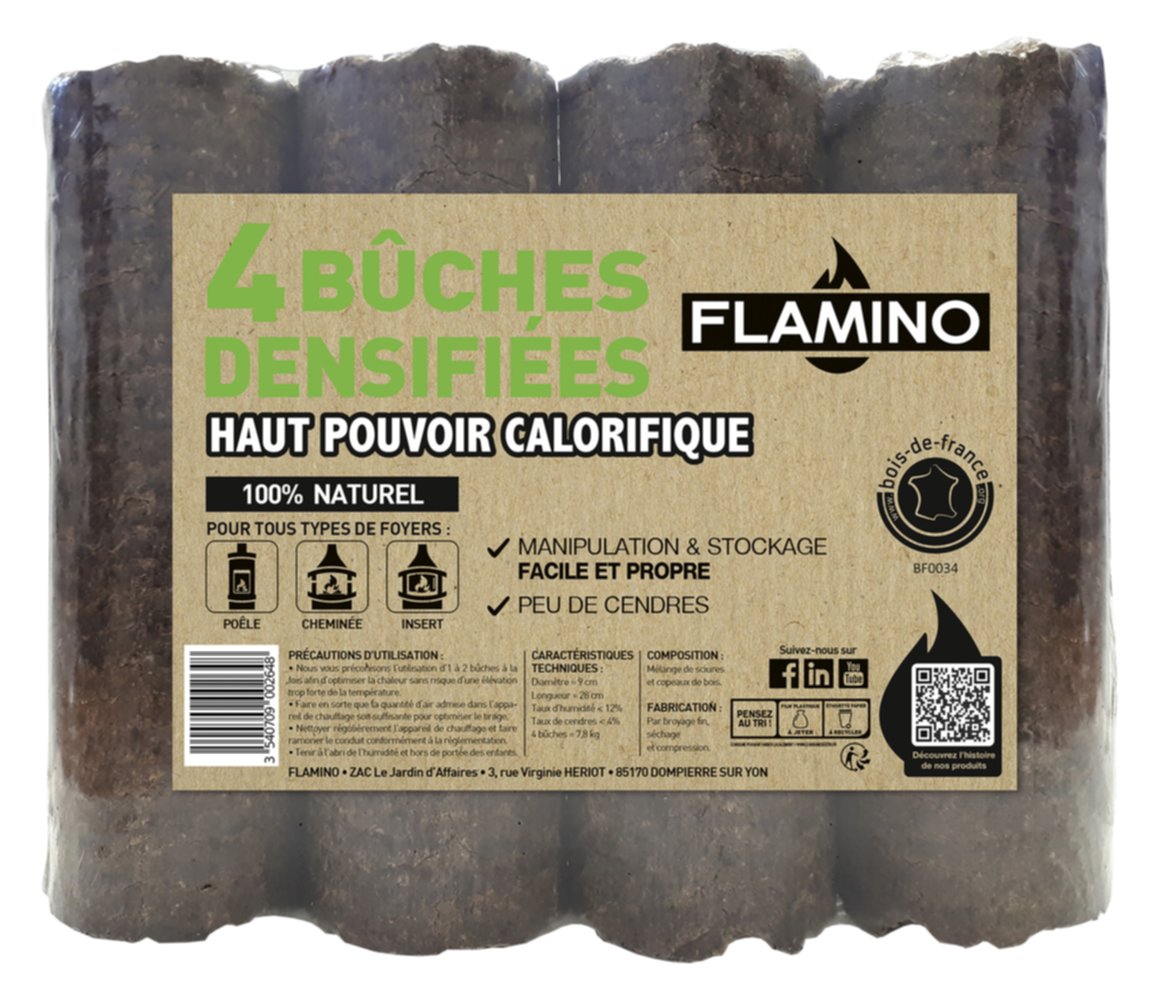 4 Bûches densifiées à haut pouvoir calorifique - FLAMINO 