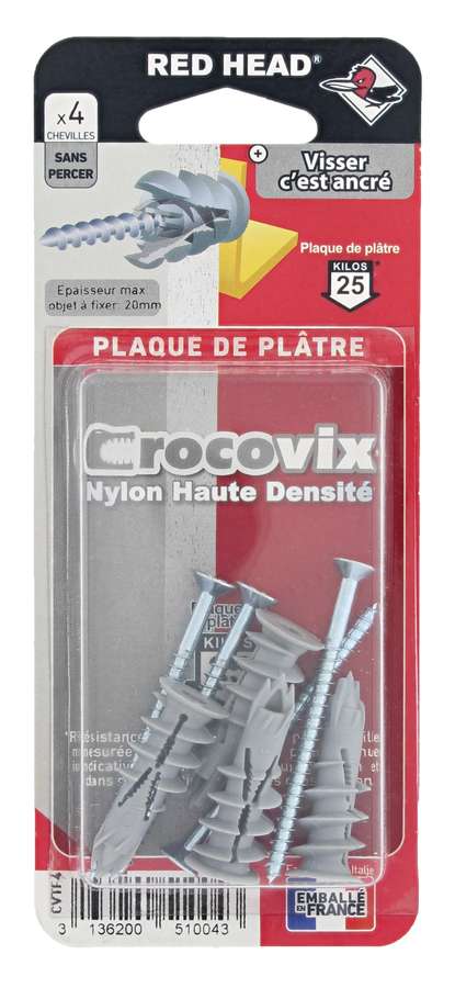 4 Chevilles Crocovix Autoforeuses Charges Moyennes + Vis TR Ø4,5x60mm - RED HEAD