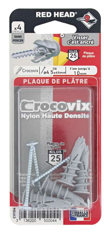 4 Chevilles Crocovix Autoforeuses Charges Moyennes + Vis TR Ø4,5x45mm - RED HEAD