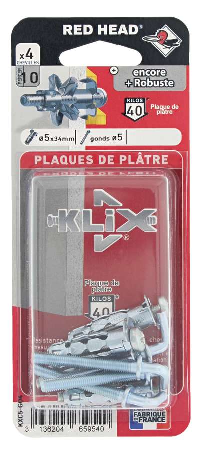 4 Chevilles Klix Métalliques Ø5x34mm + 5 Gonds - RED HEAD