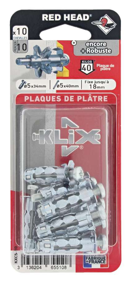 10 Chevilles Klix Métalliques Ø5x34mm + Vis TR Ø5x40mm - RED HEAD