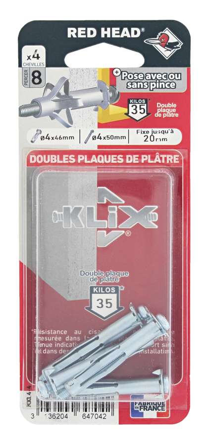 4 Chevilles Klix Métalliques Ø4x46mm + Vis TR Ø4x50mm - RED HEAD