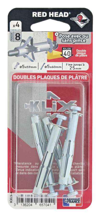 4 Chevilles Klix Métalliques Ø5x59mm + Vis TR Ø5x60mm - RED HEAD