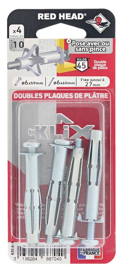 4 Chevilles Klix Métalliques Ø6x59mm + Vis TR Ø6x60mm - RED HEAD