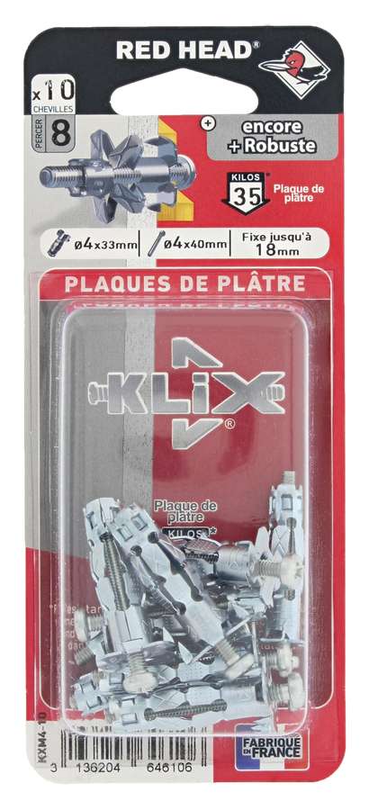 10 Chevilles Klix Métalliques Ø4x33mm + Vis TR Ø4x40mm - RED HEAD