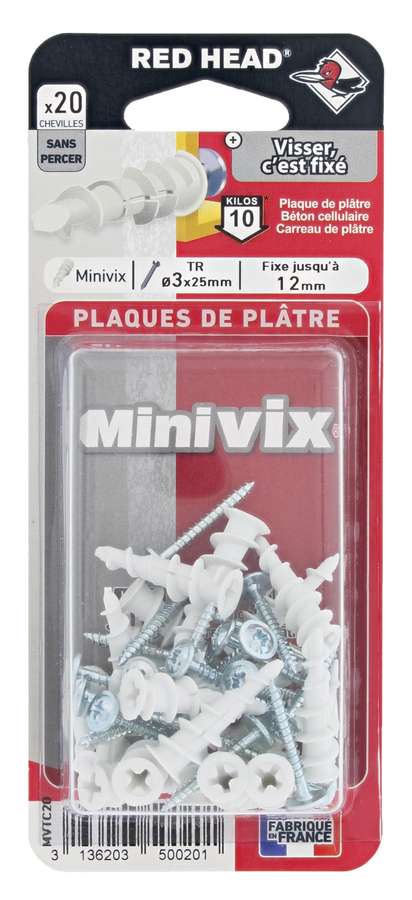 20 Chevilles Minivix Autoforeuses + Vis TR Ø3x25mm - RED HEAD