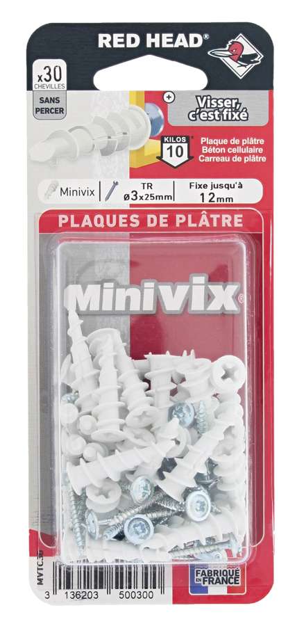 30 Chevilles Minivix Autoforeuses + Vis TR Ø3x25mm - RED HEAD