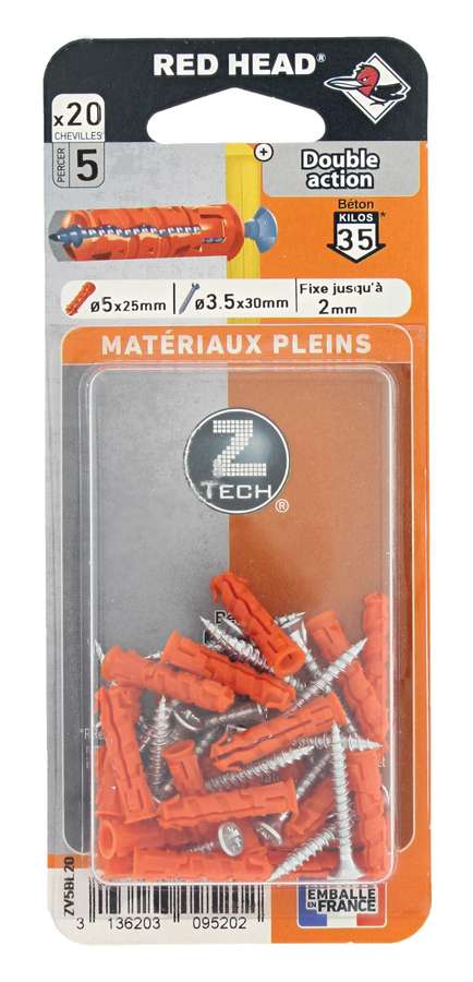 20 Chevilles Ztech Matériaux Pleins Ø5x25mm + Vis Ø3,5x30mm - RED HEAD